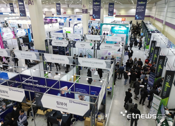 대한민국 대표 소프트웨어·정보통신기술 비즈니스 박람회인 소프트웨이브 2023이 전자신문 주최로 11월 29일 서울 삼성동 코엑스에서 열렸다. 전시장이 부스를 둘러보는 관람객들로 붐비고 있다.
김민수기자 mskim@etnews.com