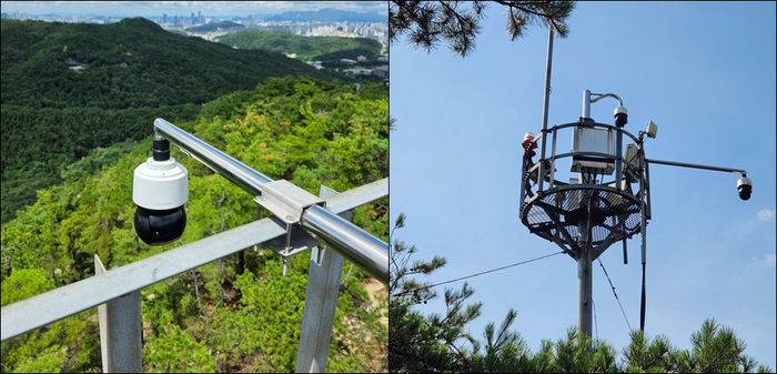 산불 감시를 위해 관악산 모자봉(왼쪽)과 장군봉에 설치된 CCTV. 관악구 제공
